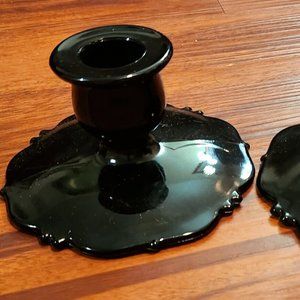 Vintage Pair LE Smith Glass Black Amethyst CANDLE STICKS 2.25″ Tall 4″ Base